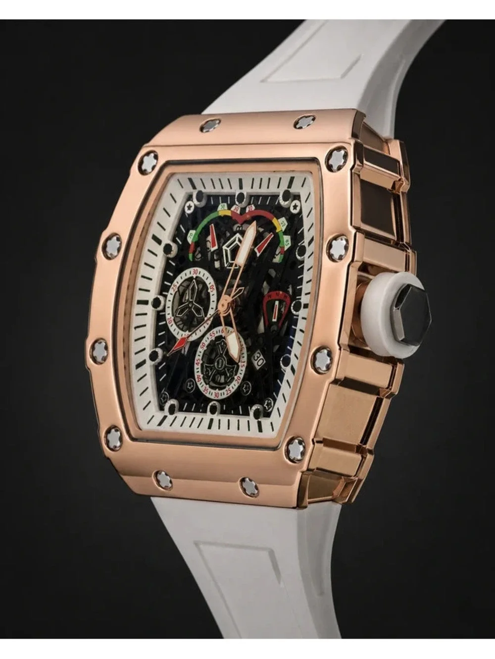 #561 AJ Brand 42mm Rose Gold-Tone Skeleton-Style Watch